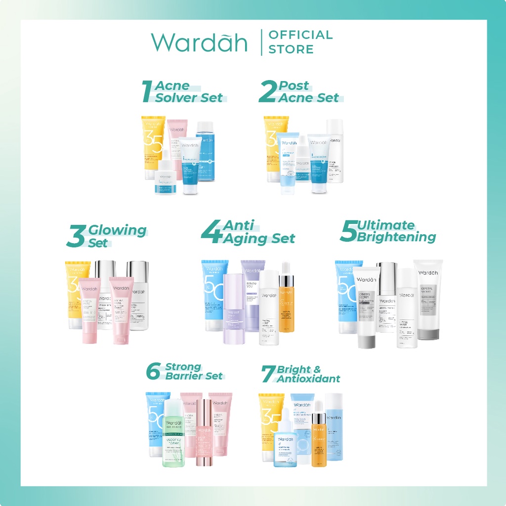 Paket Skincare Wardah Isi 5 pcs - Face Wash, Moisturizer, Serum, &amp; Sunscreen Paket Solusi Masalah Kulit