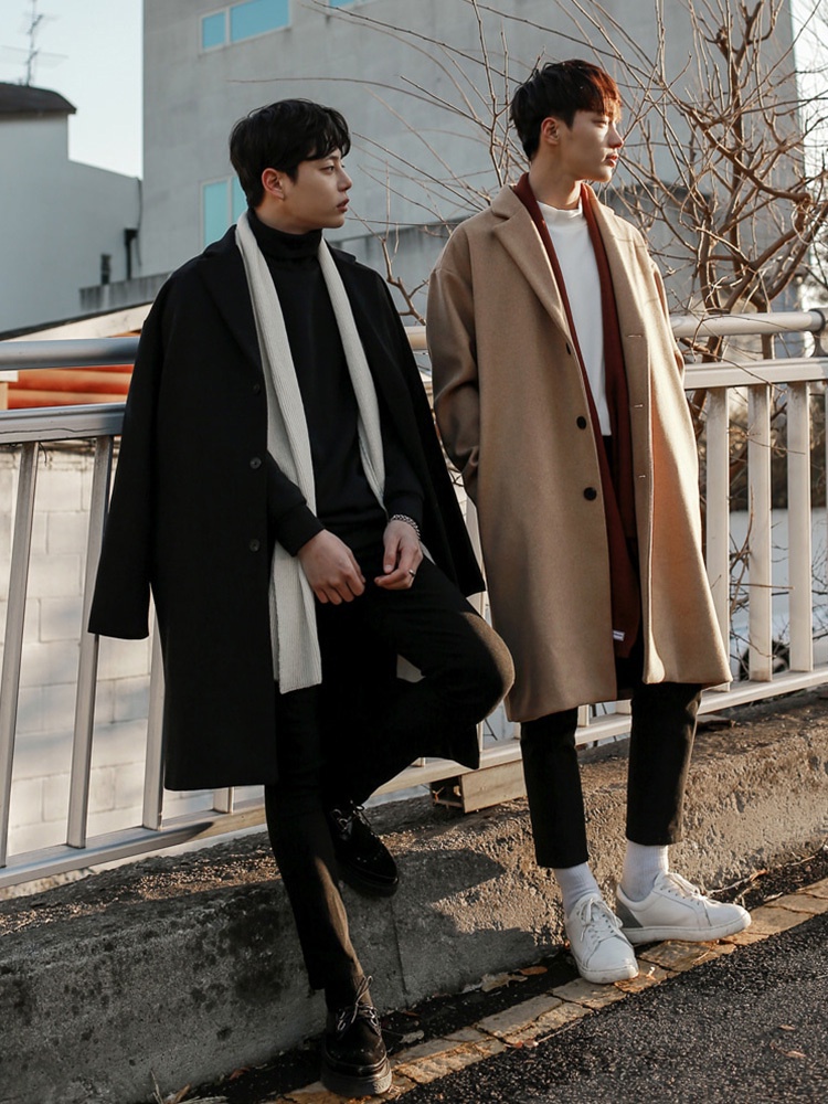 JAKET PRIA Mantel wol musim dingin, versi Korea laki-laki, panjang lutut, panjang tengah, angin peca