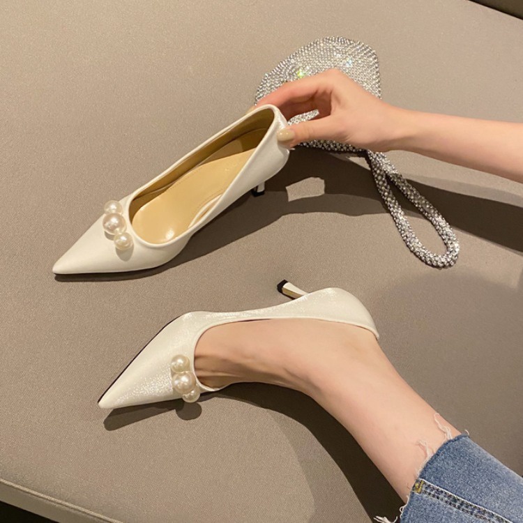 Sepatu heels wanita Korean Spring New Pointed Pearl High Heels, White Single Shoes, Wedding Dress Sh