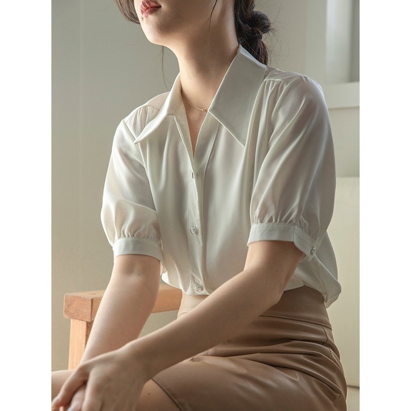 Atasan Wanita Kaos putih Perancis musim panas terbaik wanita desain lengan pendek V-leher chiffon te