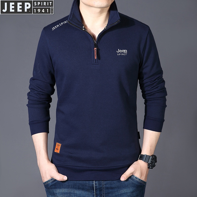 kaos lengan panjang pria  JEEP/Jeep Large Sleeves T-shirt Casual Loose Top New Half Zip Stand up Nec