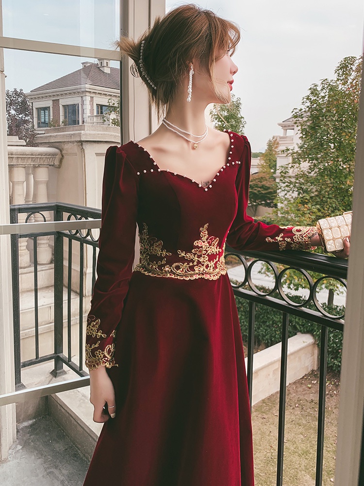 Gaun jumbo big size dress Velvet Cocktail Bride New Wedding Wine Red Winter Long sleeved Engagement 