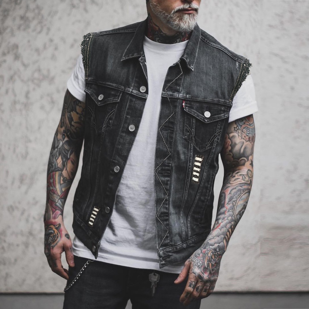 2195 * Punk casual men's jeans vest lapel tanpa lengan Jean jaket