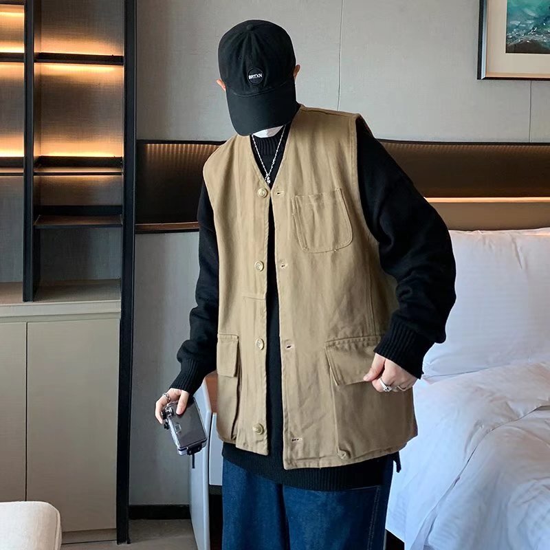 JACKET PRIA Summer Multi Pocket Work Vest Men's INS Fashion Brand American Loose Outerwear Tank Top 