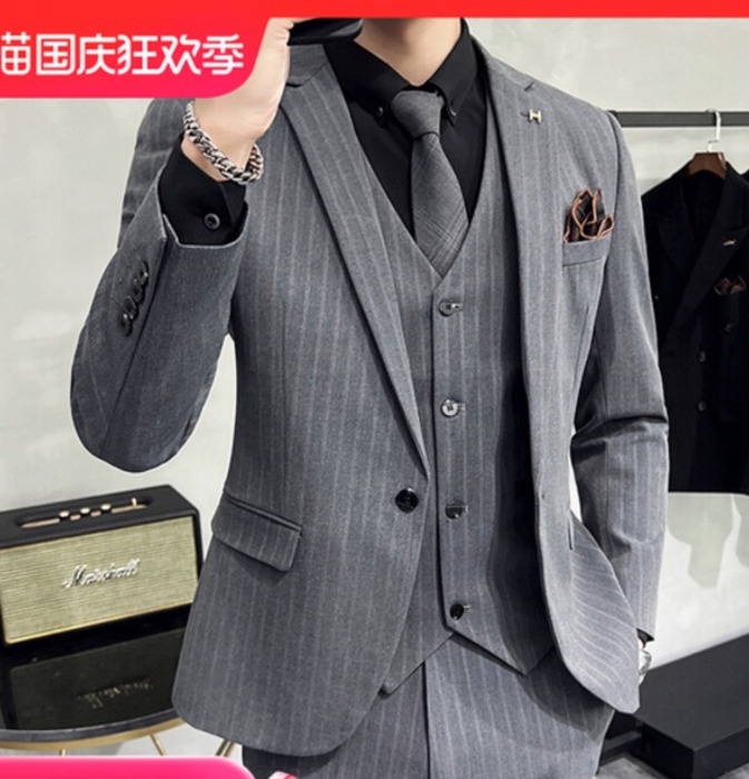 Jas wedding pria Pakaian baju terbuka set trendy versi Korea pakaian pernikahan pengantin pria tampa