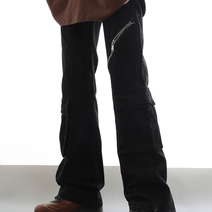 CELANA JEANS PRIA MaxDstr American Zipper Micro Horn Work Clothes Large Pocket Jeans Men's and Women