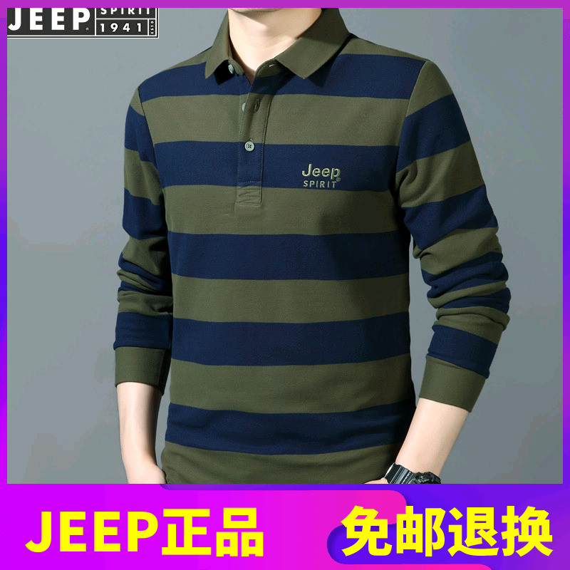 Jeep lengan panjang t-shirt pria kapas semi musim gugur baru flip stripe polo shirt bisnis santai pa