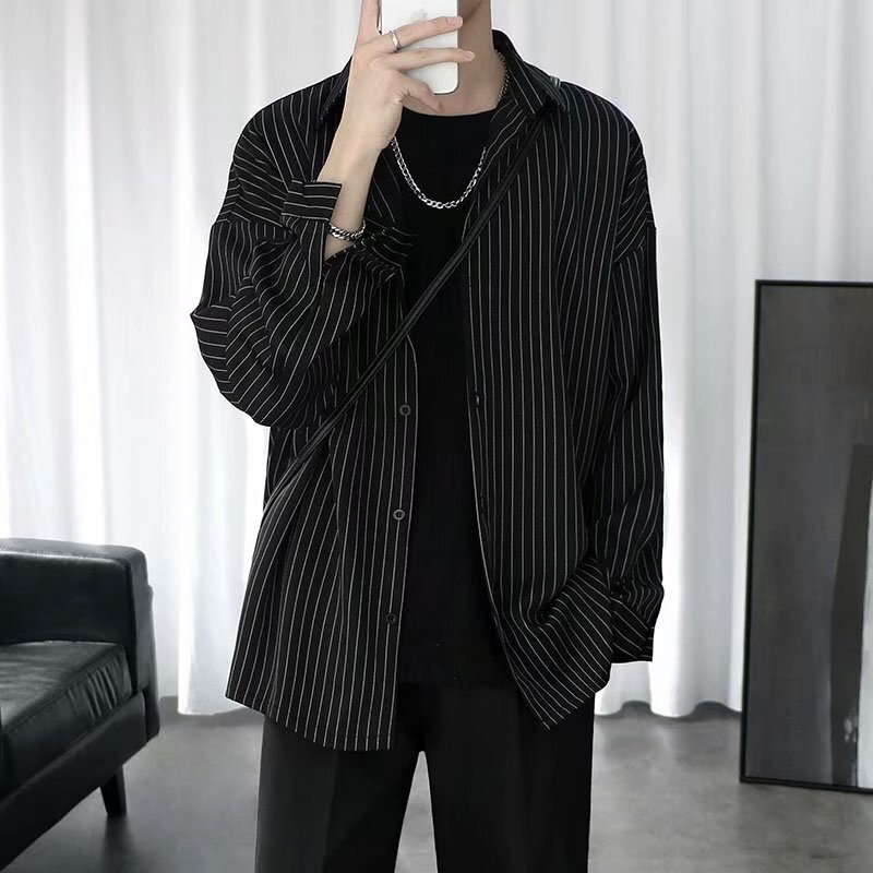 Kemeja Pria Spring/Summer New Men's Style Korea Trendy Stripe Long Sleeve Shirt Casual Student Cool 
