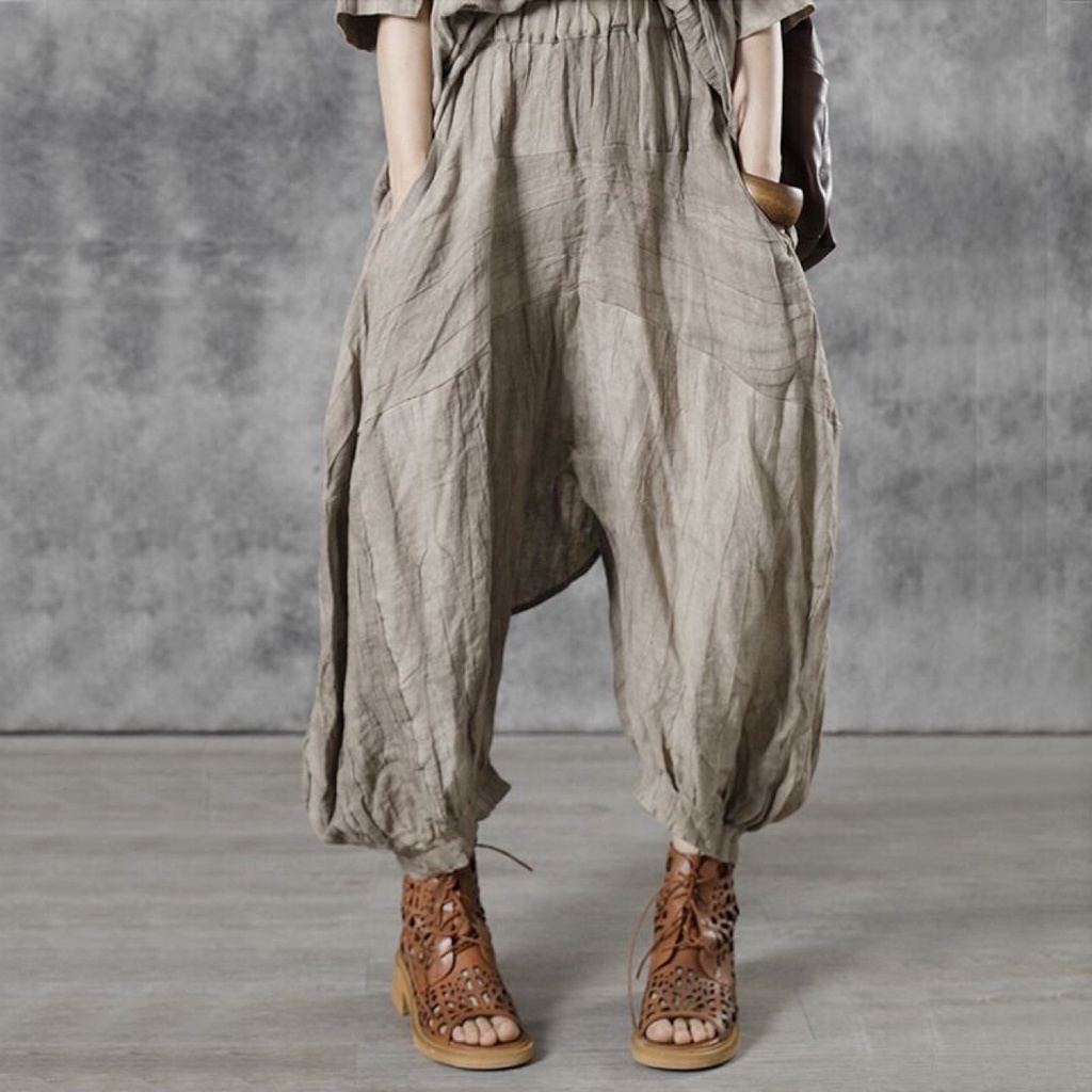 Celana Bahan Musim panas Hemp Harun Pants Lepaskan Cotton Hemp Wanita Urban Kasual Brown Korean Hemp