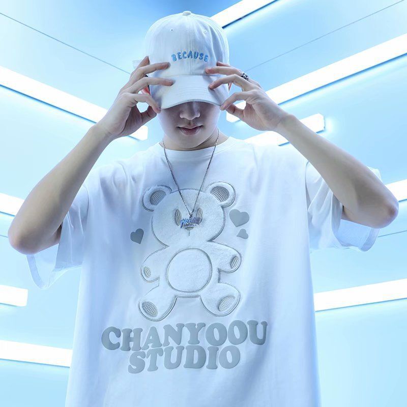 Kaos Pria Terbaru  Summer New Pink Bear Embroidery T-shirt Short Sleeve Men's and Women's Fashion Br