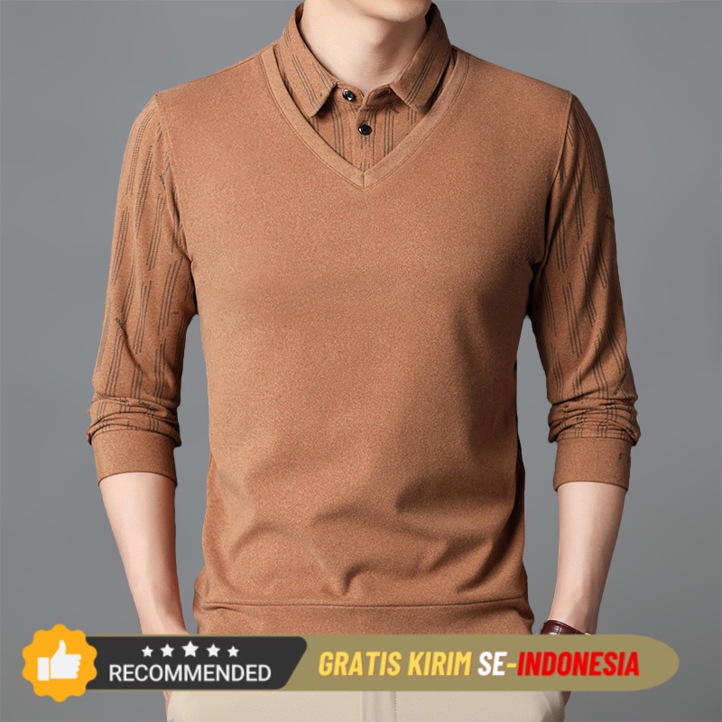 Kaos Polo Pria Korea Premium Dua baju lengan palsu untuk musim semi dan musim gugur lapel, usia teng