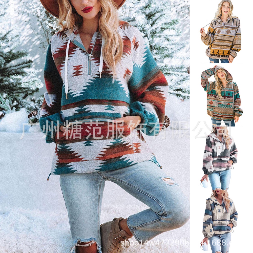 Instagram explosive western Aztec woolen loose musim gugur/musim dingin gaya etnis jacket hooded unt