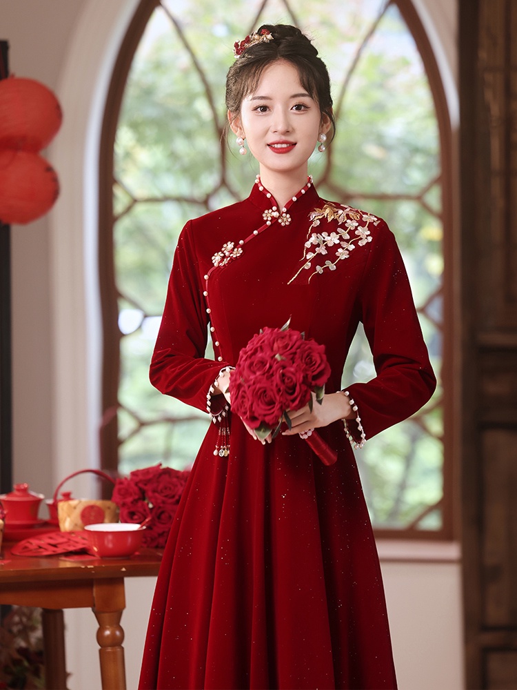 New Chinese Qipao, Toast Dress, Bridal Qipao, New Long Long Wine Red Engagement Evening Dress, Weddi