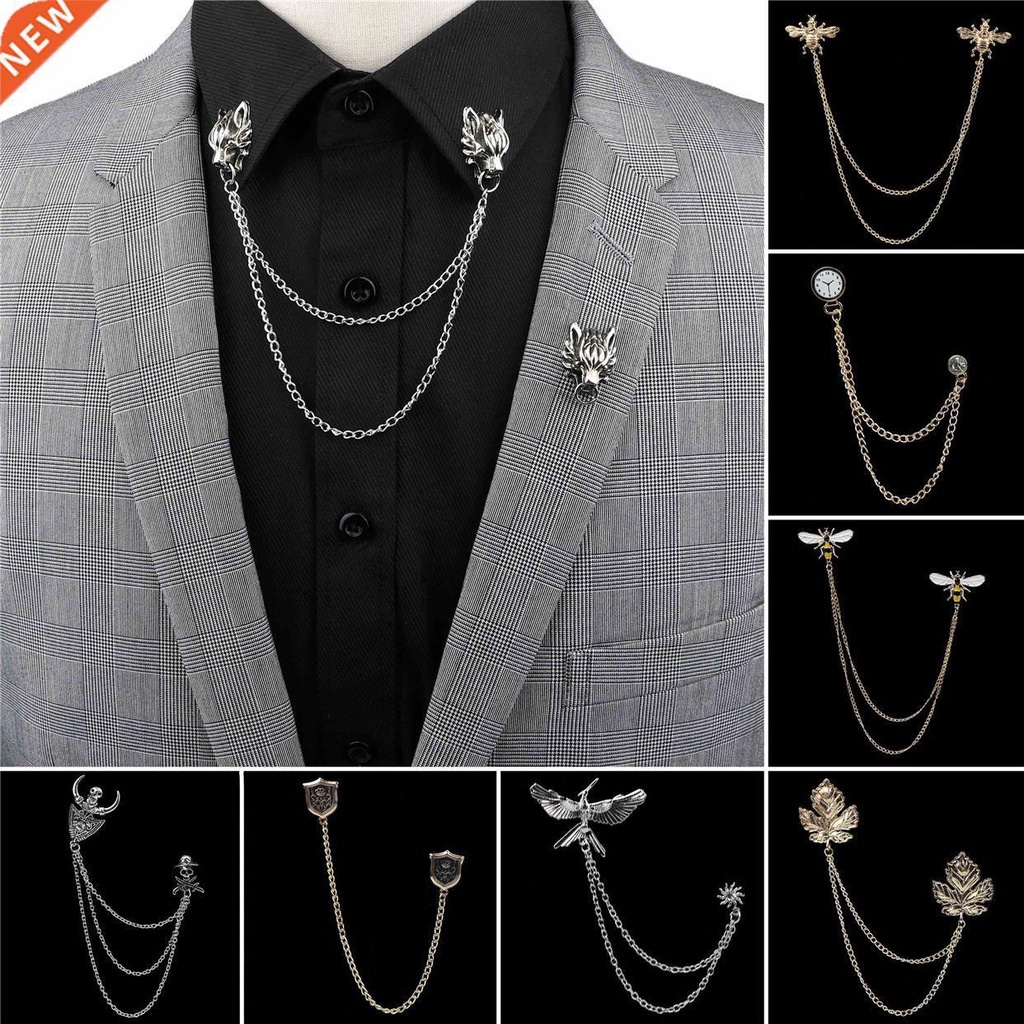 Man Suit Shirt Collar Tassel Chain Lapel Pin Brook Dragon