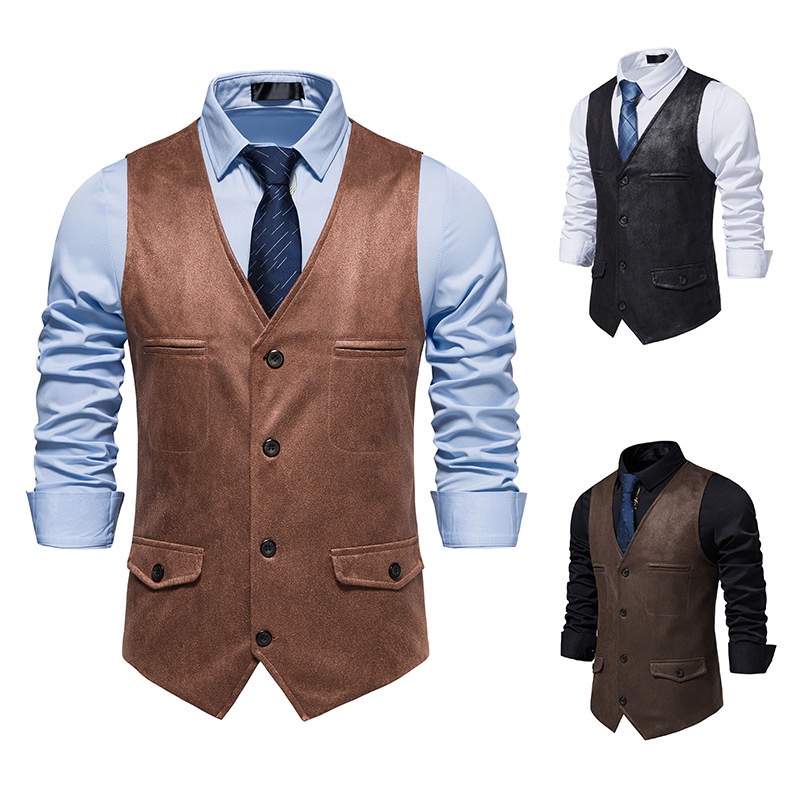 Jas Blazer Pria V-neck suede single breasts vest, European and Korea fit, solid color vest for men I