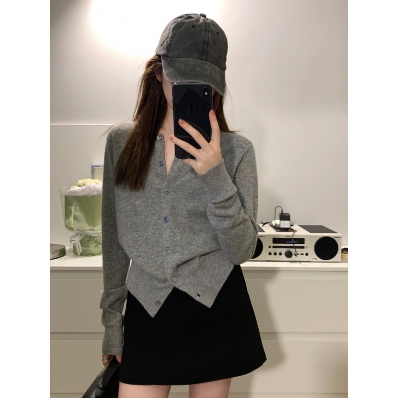 Atasan Rajut Wanita Grey Knitted Cardigan Top Women's Ralph Round Neck Sweater Coat 2023 Early Autum