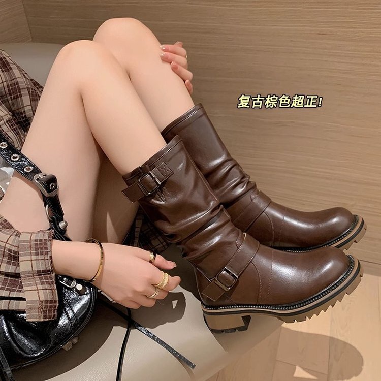 Sepatu boots tinggi wanitaBenlai Long Boots Western Cowboy Boots Medium Sleeve Boots High Sleeve Mar