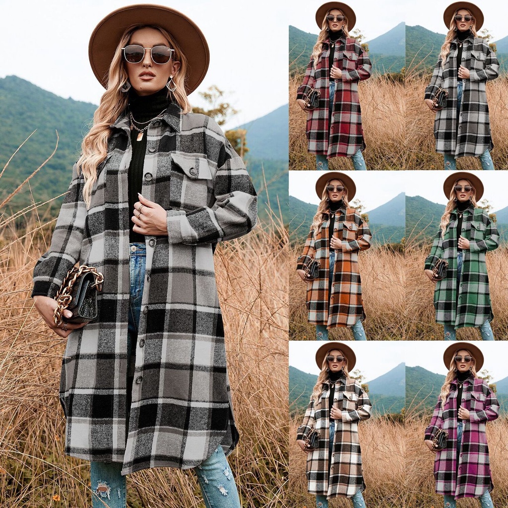 2022 Musim gugur/Musim dingin Mantel Windbreaker dengan Side Split Flap Collar Loose Woolen Plaid Sh