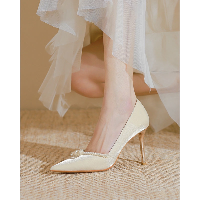 Sepatu pesta wanita Sepatu Pernikahan High Heels Perancis Bow Sepatu Pernikahan Champagne Fine Heels
