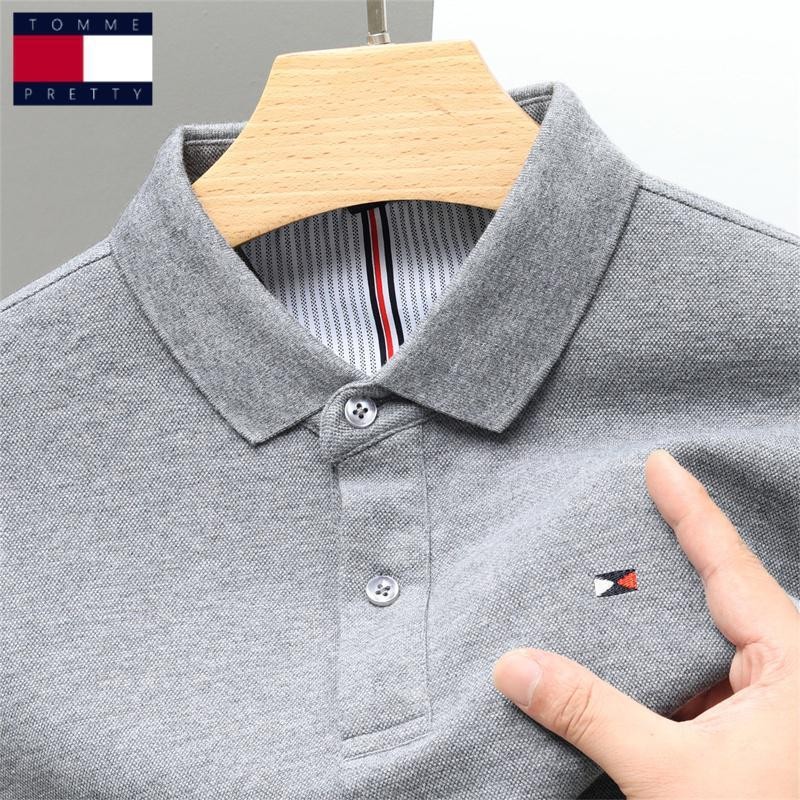 Kaos  Tommy Mei 100 katun lengan panjang T-shirt pria flip-collar bordir polo baju longgar semi musi