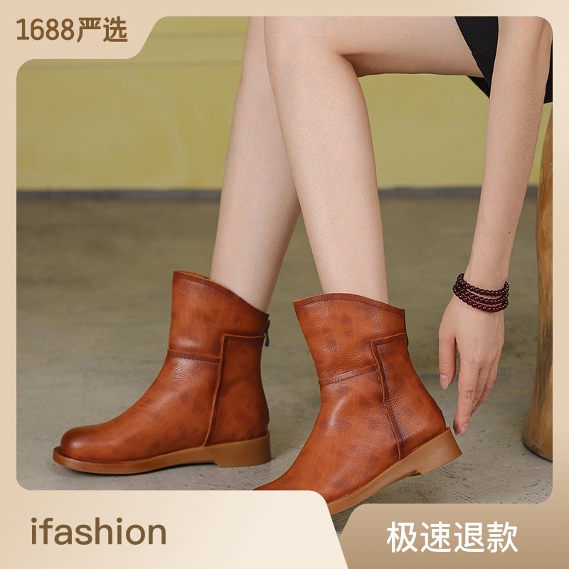 Sepatu boots wanita Sepatu wanita kulit asli, sepatu sepatu sepatu panjang pertengahan gaya Inggris,