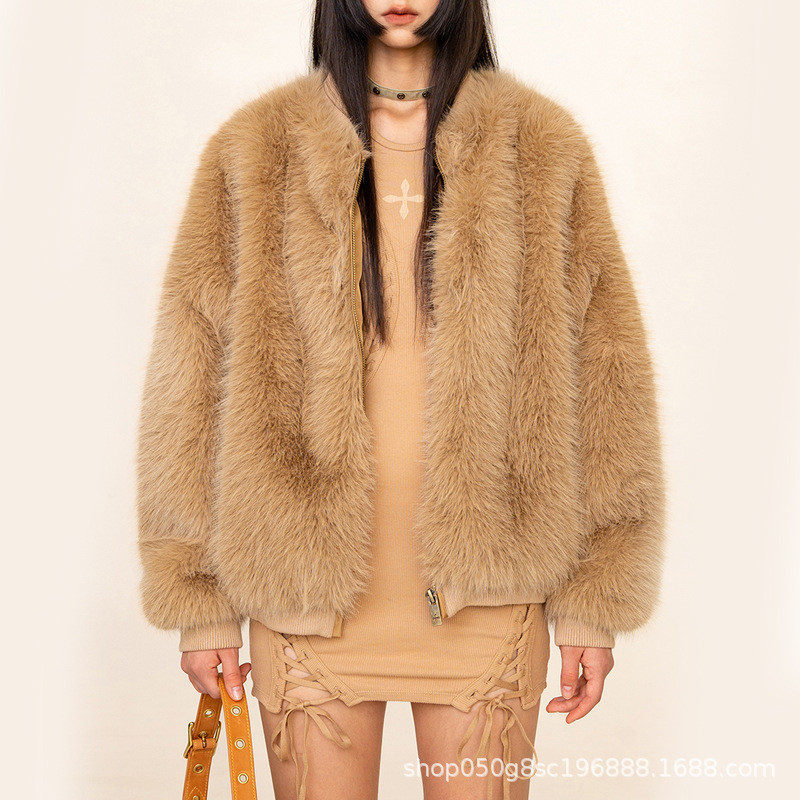 Jaket Bulu Wanita Impor    Kemajuan SMFK Wild Fur Baseball Jalan Mode Gandum Warna Bulu Pakaian Jake
