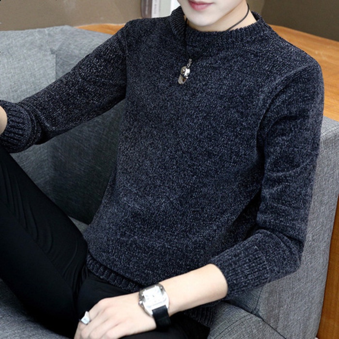 Sweater Pria Chenille Rajut Musim Dingin Remaja Polos