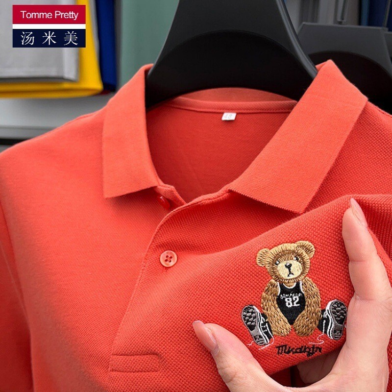 Kaos  Tommy Mei Polo lengan pendek t-shirt katun polo baju musim panas terbalik beruang sulaman long