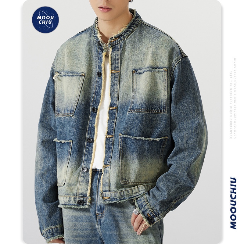JACKET RACING Muqiu Men's Clothing Å Chaoai Standing Neck Motorcycle Denim Jacket Men's Loose Washed