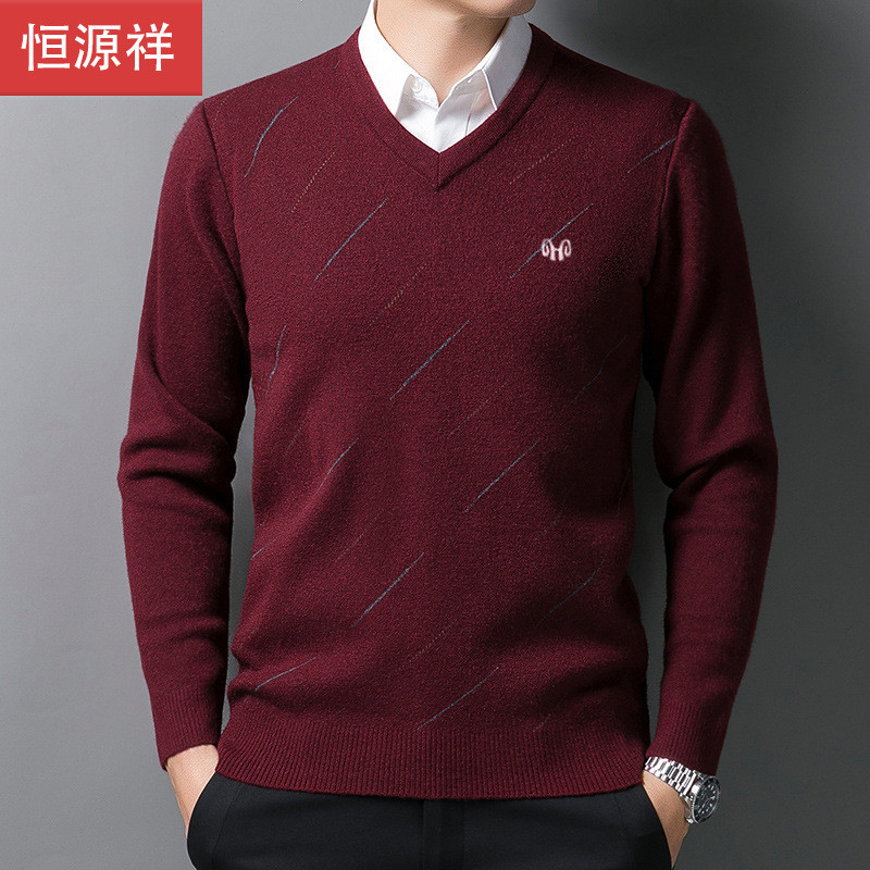 Sweater  Tahun hidup pria V-neck wol paruh umur ayah merah ayam kerah sweater bisnis santai menebal 