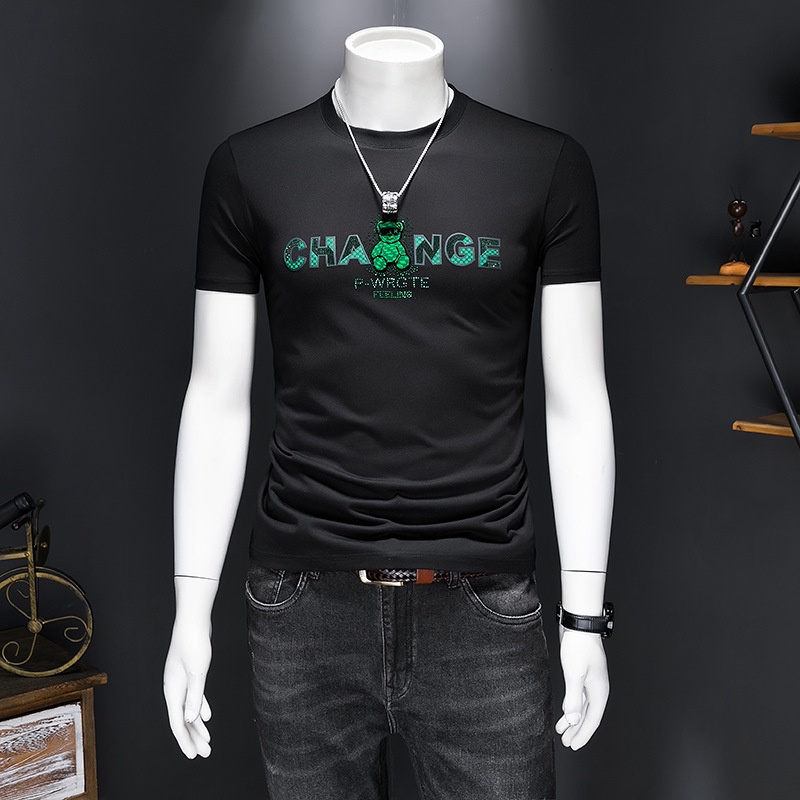 Kaos Pria Terbaru  2023 Summer New Men's Half Sleeve Little Bear Embroidery Hot Diamo Silk Cotton Sh