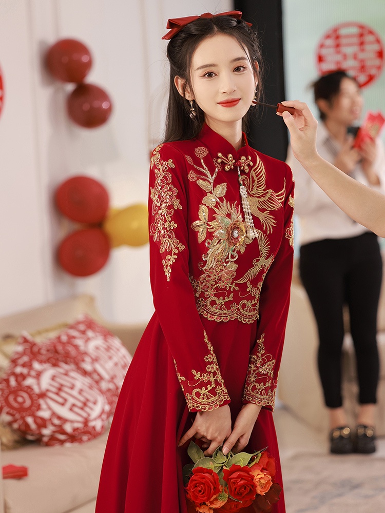 Hari Pernikahan Pernikahan Kasual Pernikahan Baru Tidur Panjang Toast Gown Qipao Pernikahan Cina Pak