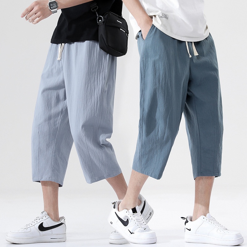 Celana Panjang Pria Summer New Casual Pants Men's Large Capris Men's Pants Loose Cotton Hemp Shorts 