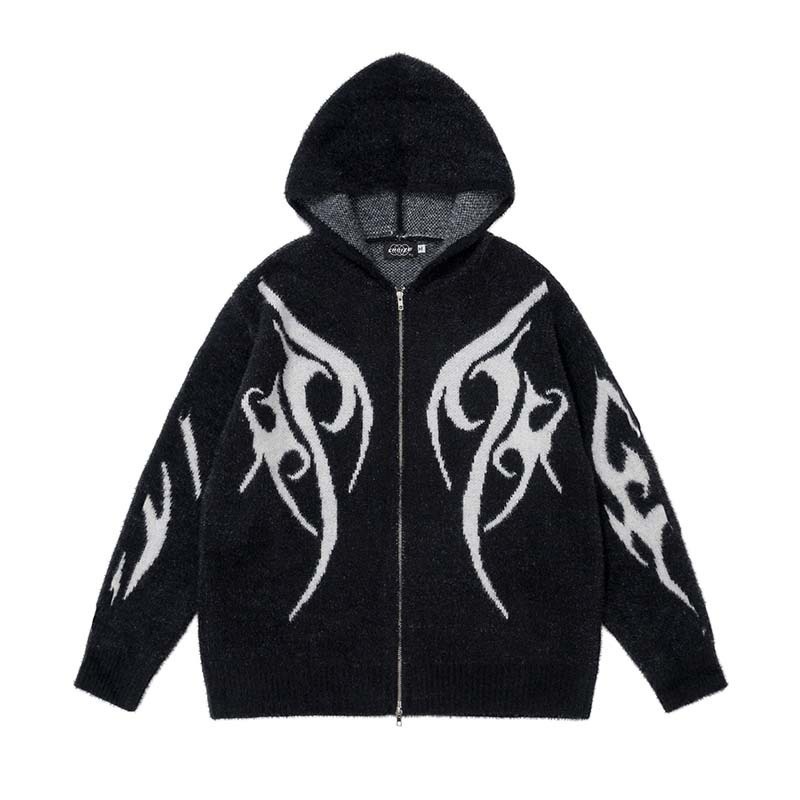 sweater hoodie pria  High Street American Totem Jacquard Cardigan Hooded Knit Men's Fashion Loose Sw