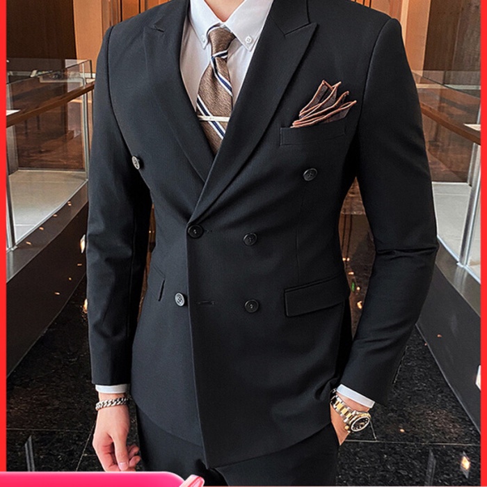 Jas wedding pria Pakaian pengantin pria Set versi Korea Slim Fit Double Breasted Wedding Dress Busin