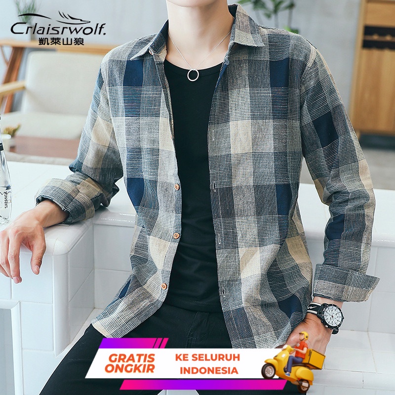 Kemeja Pria  Kaos muda, pasangan Korea lengan tangan panjang, pakaian yang tampan trendy, kemeja bia