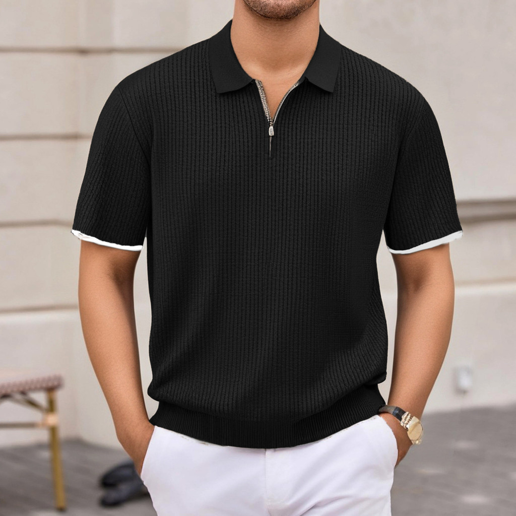 Kaos Polo  Pria lengan pendek polo baju pria musim panas warna santai flip kerah ritslet rajutan  Im
