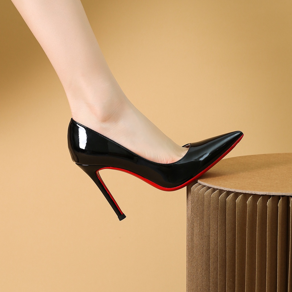 Heels lancip seksi kulit asli, sepatu tunggal telanjang, sepatu tipis wanita, kulit patent, sepatu w