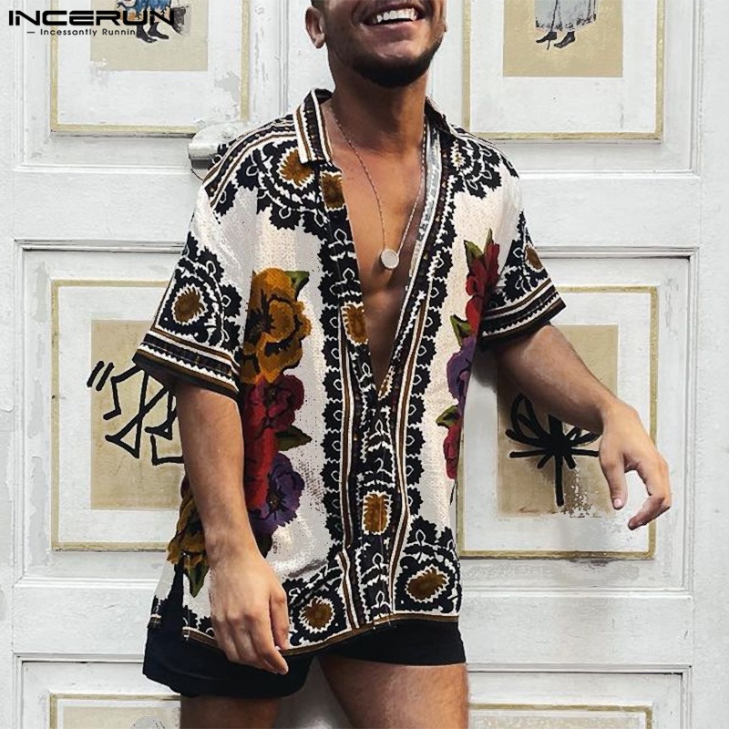 INCERUN Casual Shirt Printing 2023 Lapel Button Short Sleeve Summer Men Clothing Vacation Vintage St