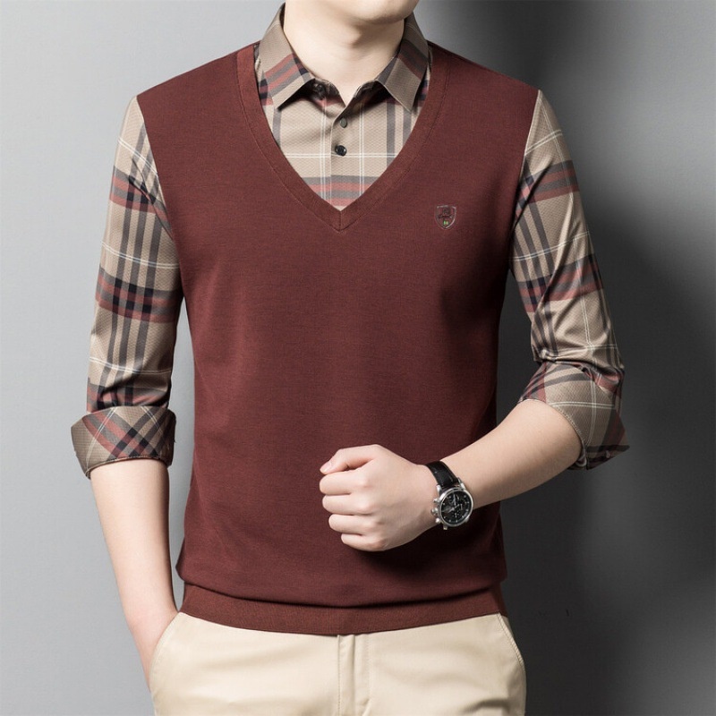 Kemeja Pria Premium 2023 Musim semi dan musim gugur Tidur panjang T-shirt Men's Fake Two Piece Shirt