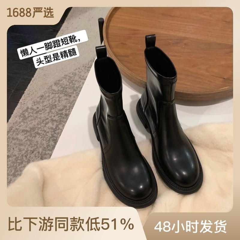 Sepatu boots wanita Kulit Lembut Elastik Wanita Tebal Heel Square Kepala Suhu Tebal Bawah Tube pende