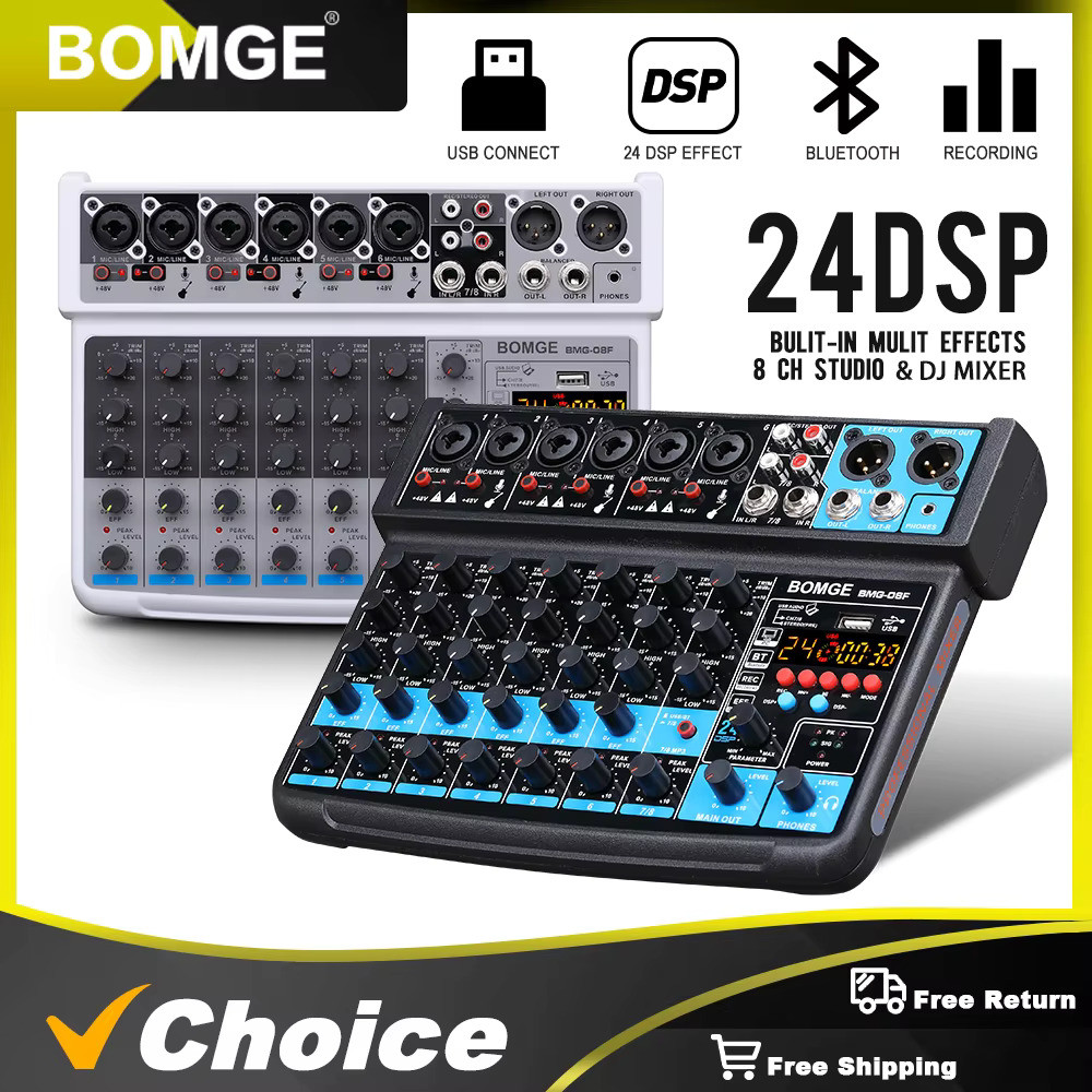 BOMGE 8 saluran mini audio mixer e Mixer, DC 5V, Bluetooth, 48V, efek 24DSP untuk Klub atau Bar Keci