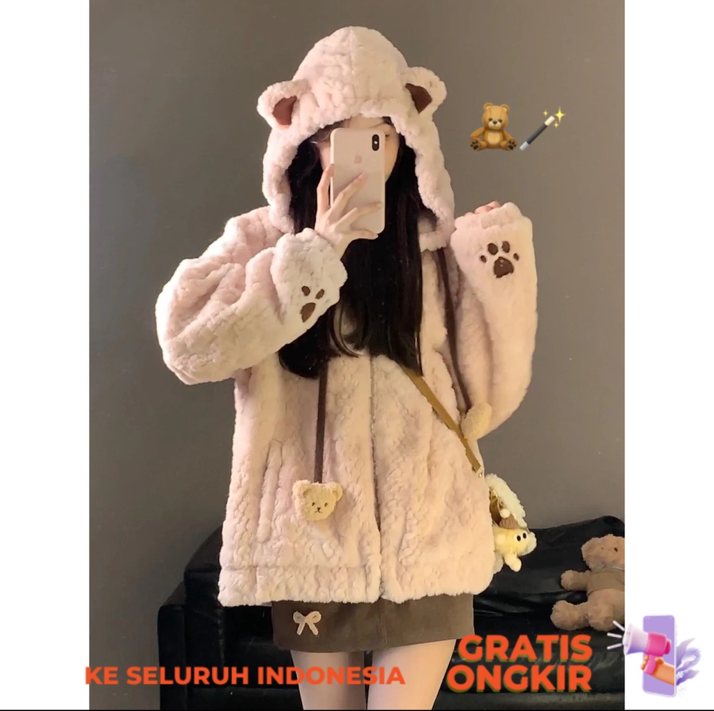 Outerwear Wanita  Pink Hooded Lamb Wool for Women's 2023 Autumn/Winter Loose and Thicked Designer Co