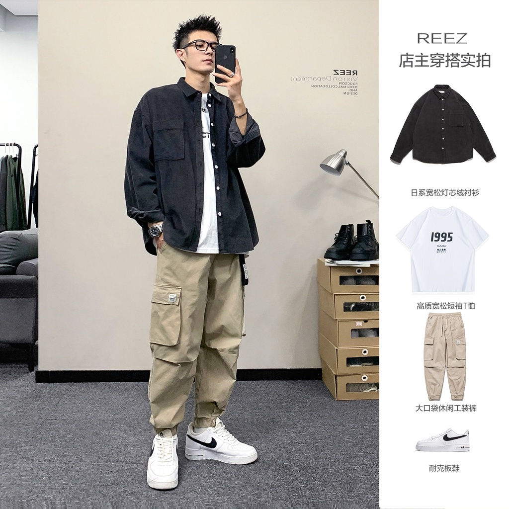 kemeja pria corduroy REEZ Corduroy Long Sleeve Shirt Men's Coat Autumn Free Work Shirt
