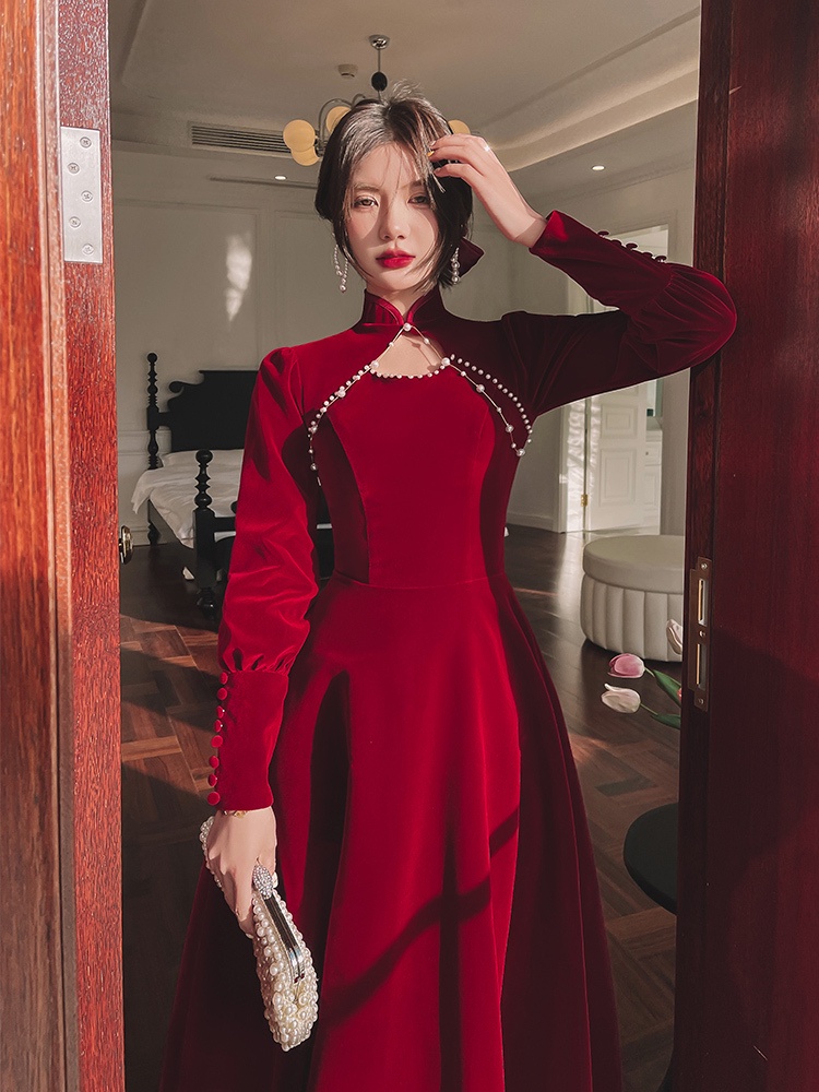 Gaun jumbo big size dress Gaun bersulang gaya Cina, musim dingin pengantin wanita anggur baru merah 