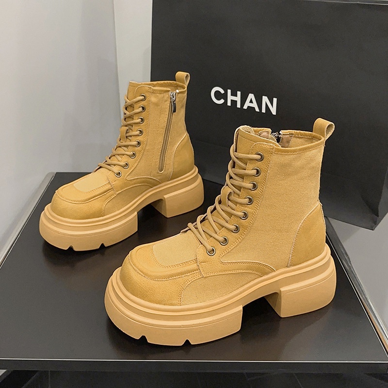 Sepatu boots wanita Martin Boots Wanita Motosikal Baru Boots Kulit Benar Denim Panel Boots Kuning Te