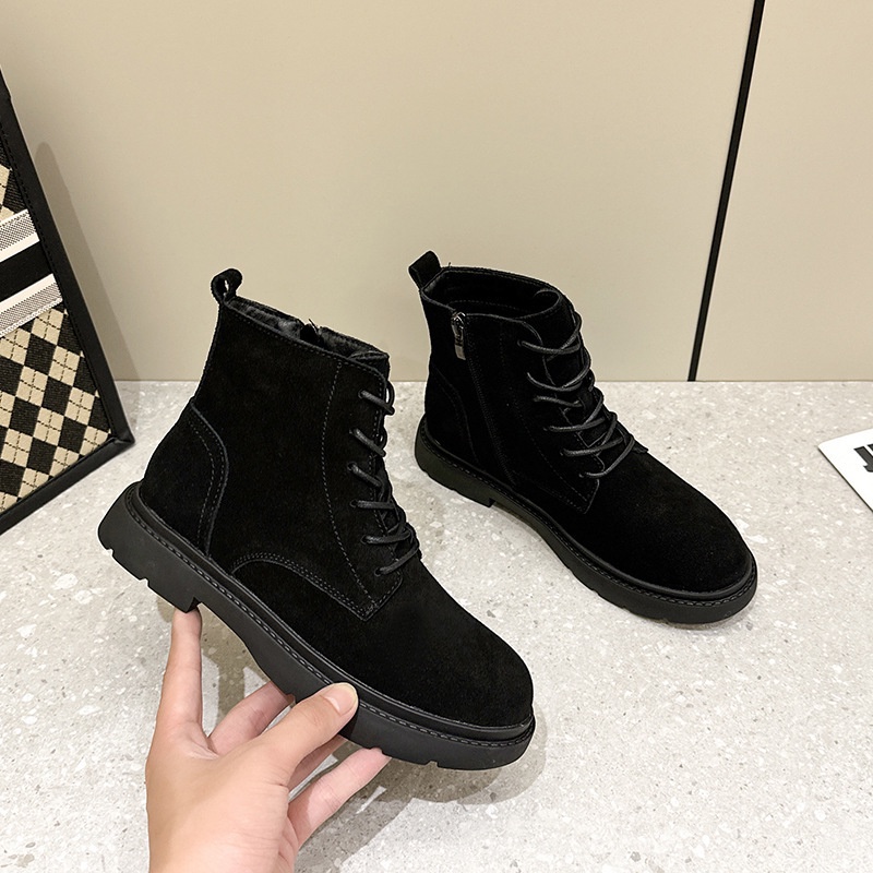 2023 Musim gugur/Musim dingin Martin baru Gaya Inggris Mate Kulit asli tengah Heel Flat Bottom Short