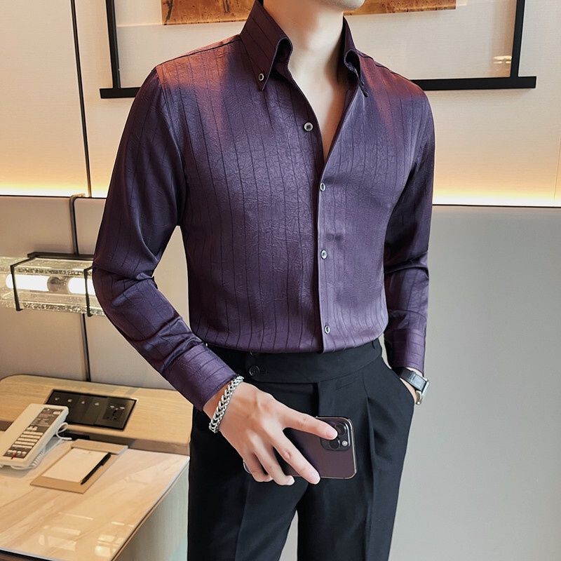 Kemeja Pria 2023 Musim gugur baju tidur panjang Suhu Barang Tinggi Pria Embossed Wrinkle Trend High 