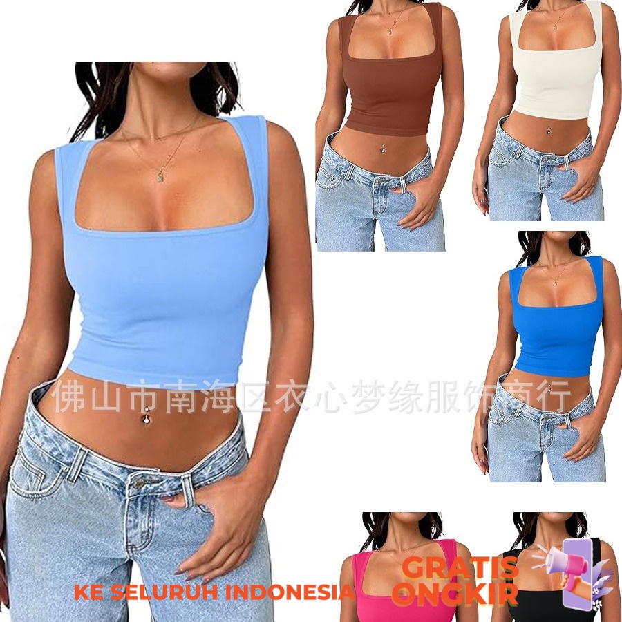 Baju Wanita  Fashionable Women's Sexy Sleeveless Buka Navel Square Neck Fashion Tank Top
