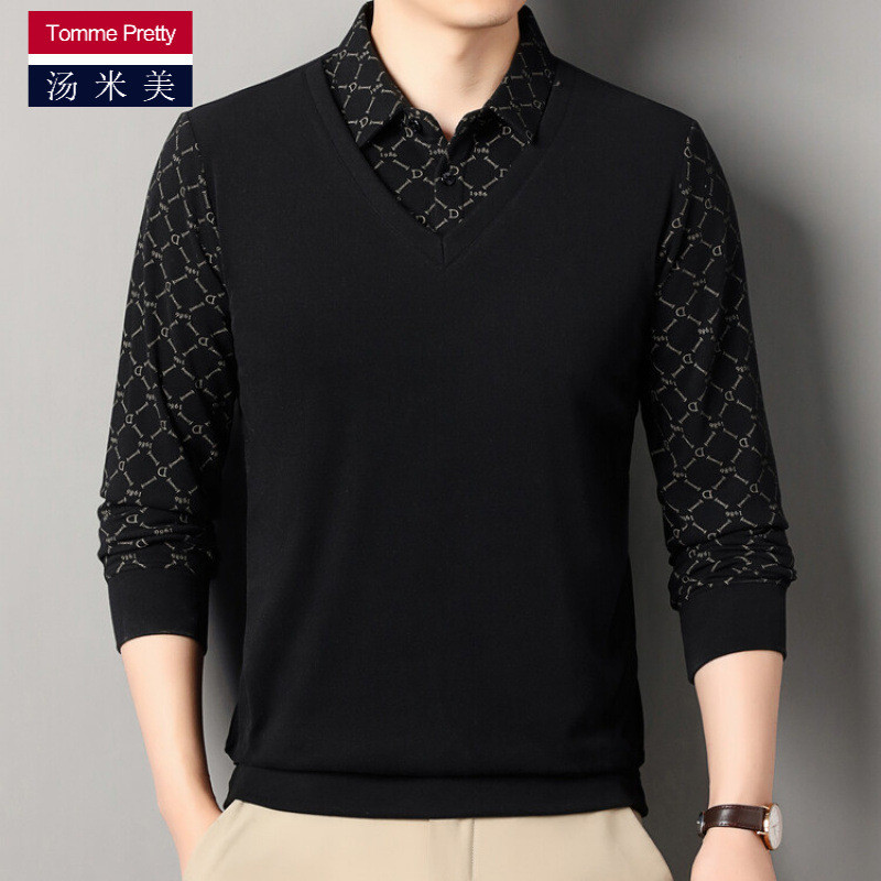 Kaos  Ayah musim gugur lengan panjang pria santai palsu dua sepotong flip rajutan t-shirt dasar paru